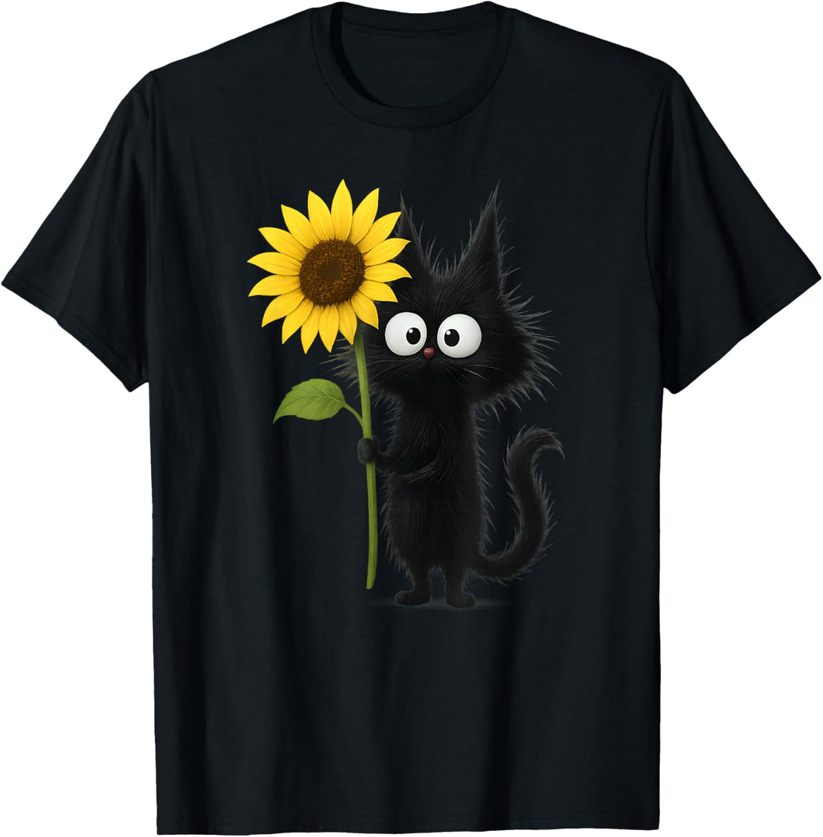 Cute Black Cat with Sunflower Adorable Nature Design T-Shirt