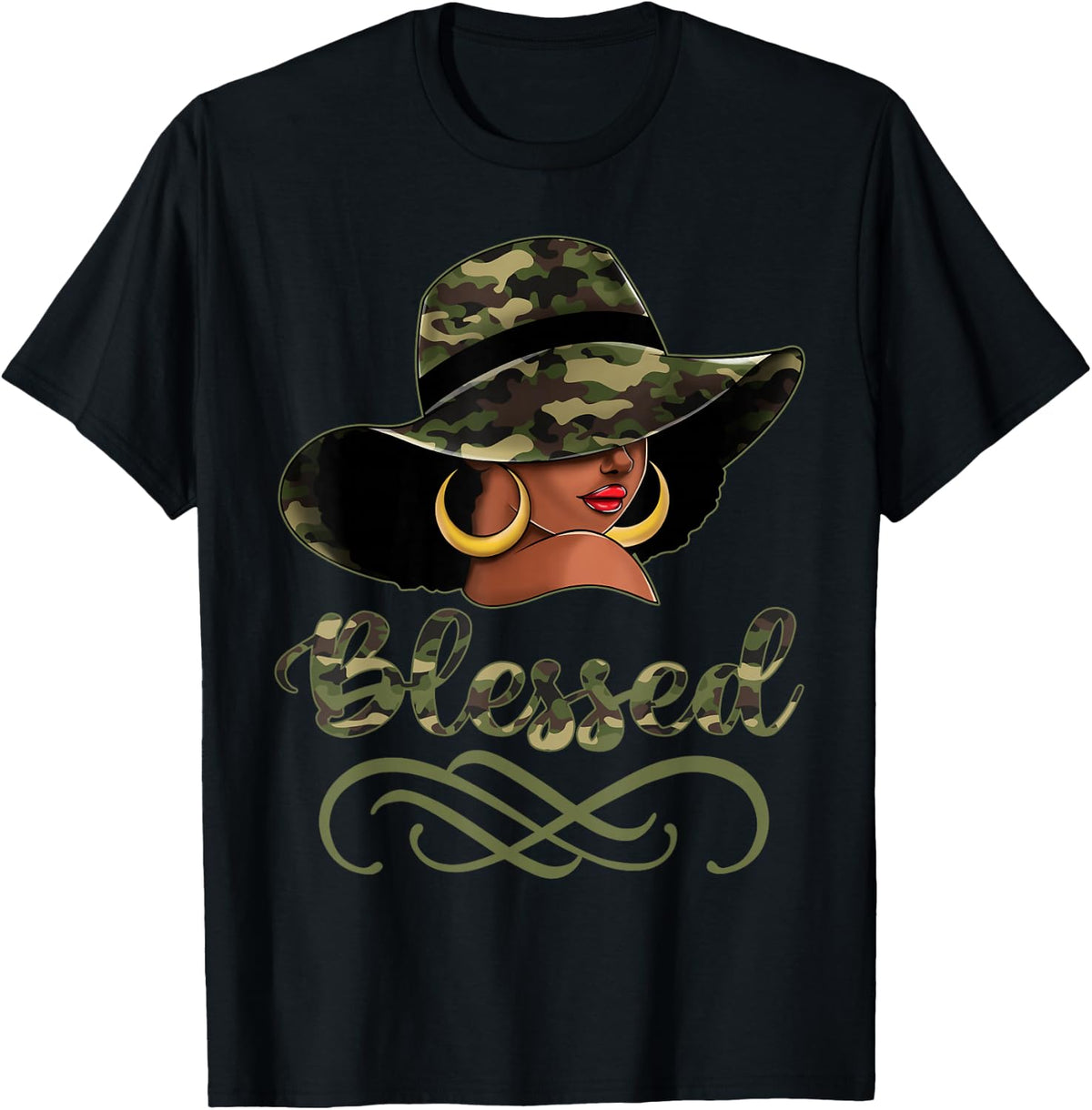 Blessed African American Black Woman Camo Hat Christian T-Shirt