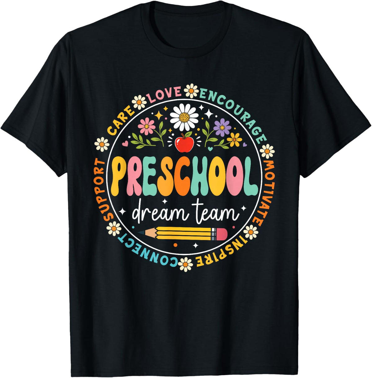 Retro Groovy Preschool Teacher Team Back to School Womens T-Shirt
