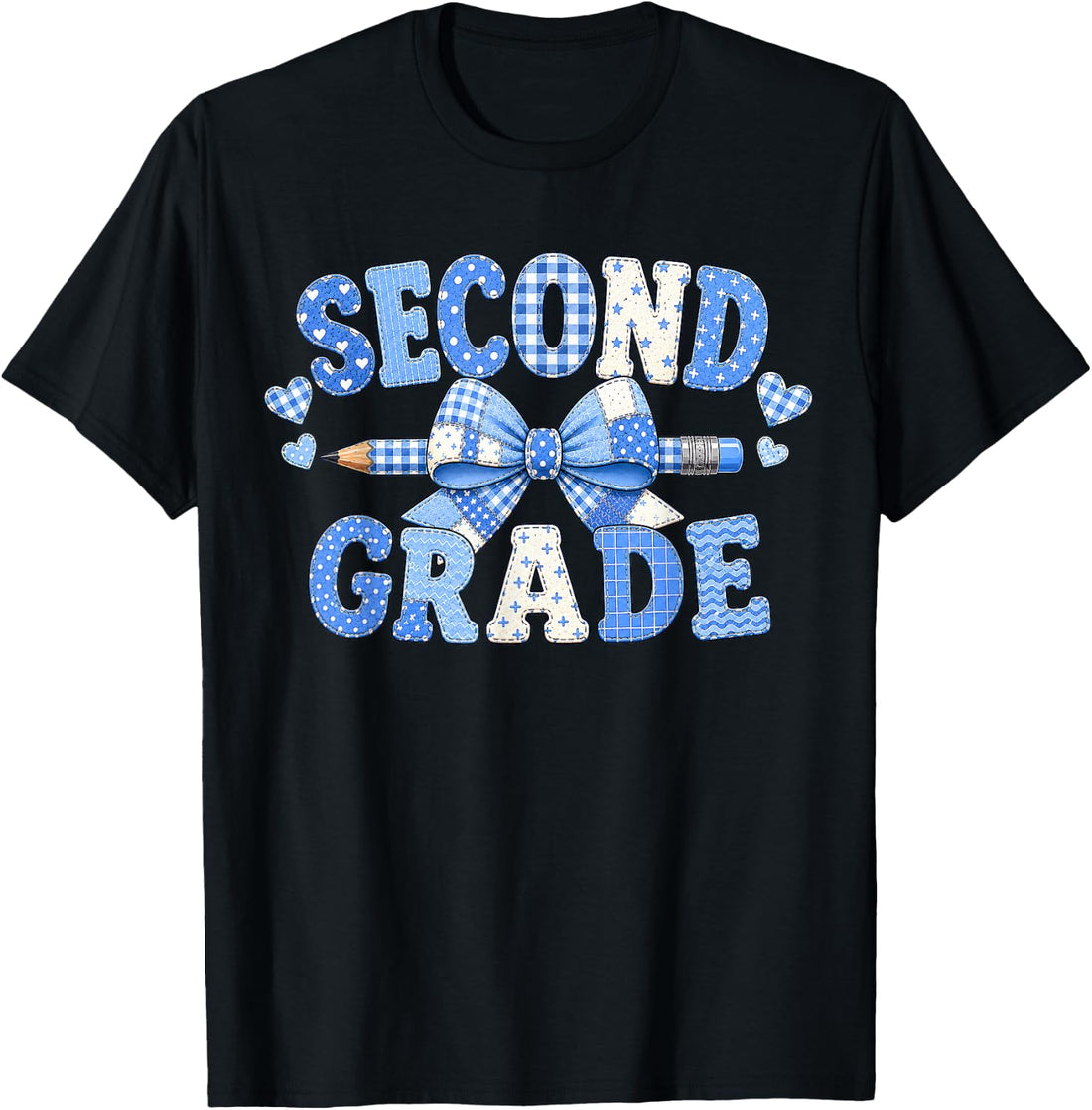 2nd Second Grade Back to School Blue Bow Coquette Patchwork T-Shirt