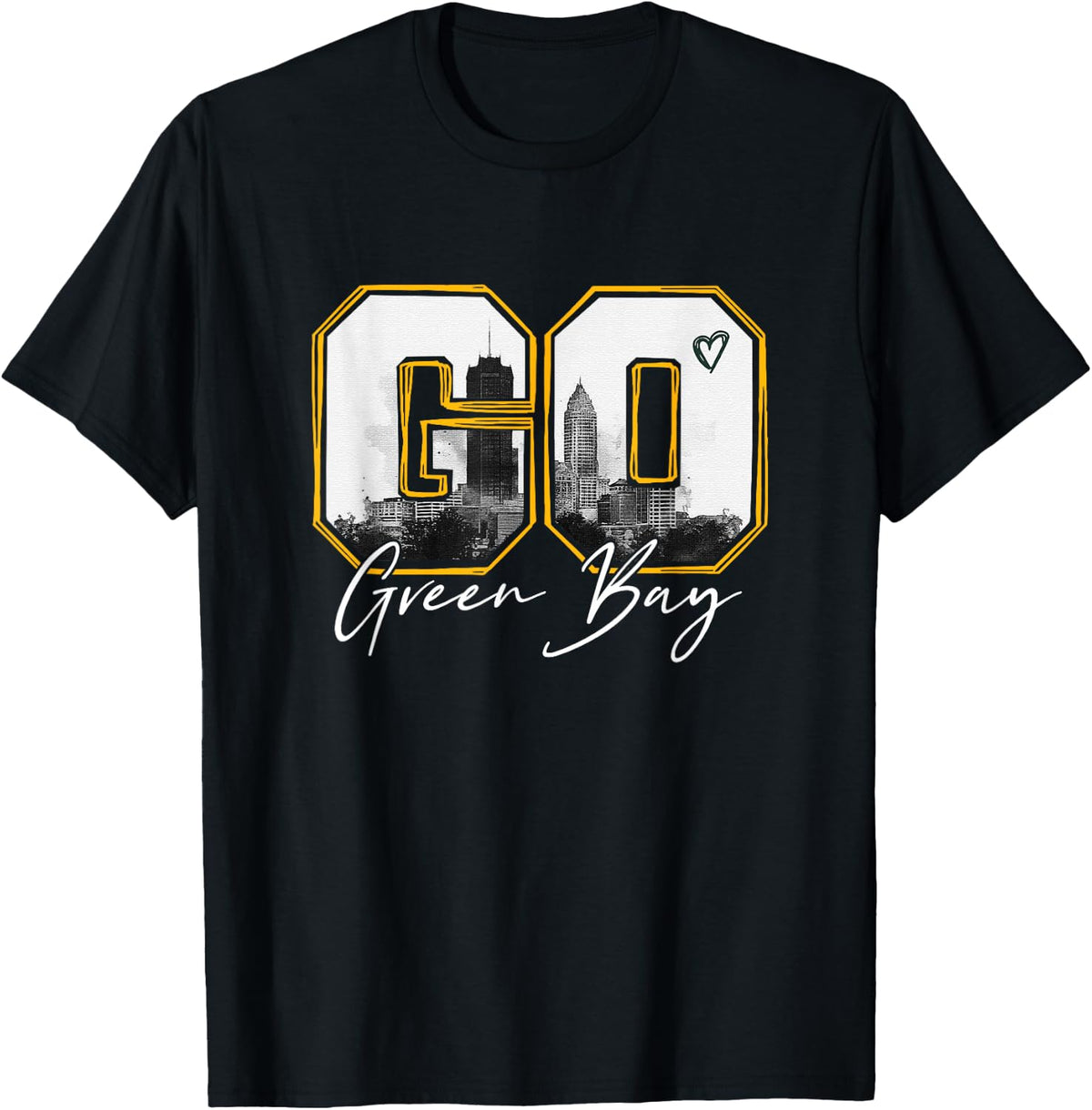 Retro Go Green Bay - Love Green Bay Heart and City Skyline T-Shirt