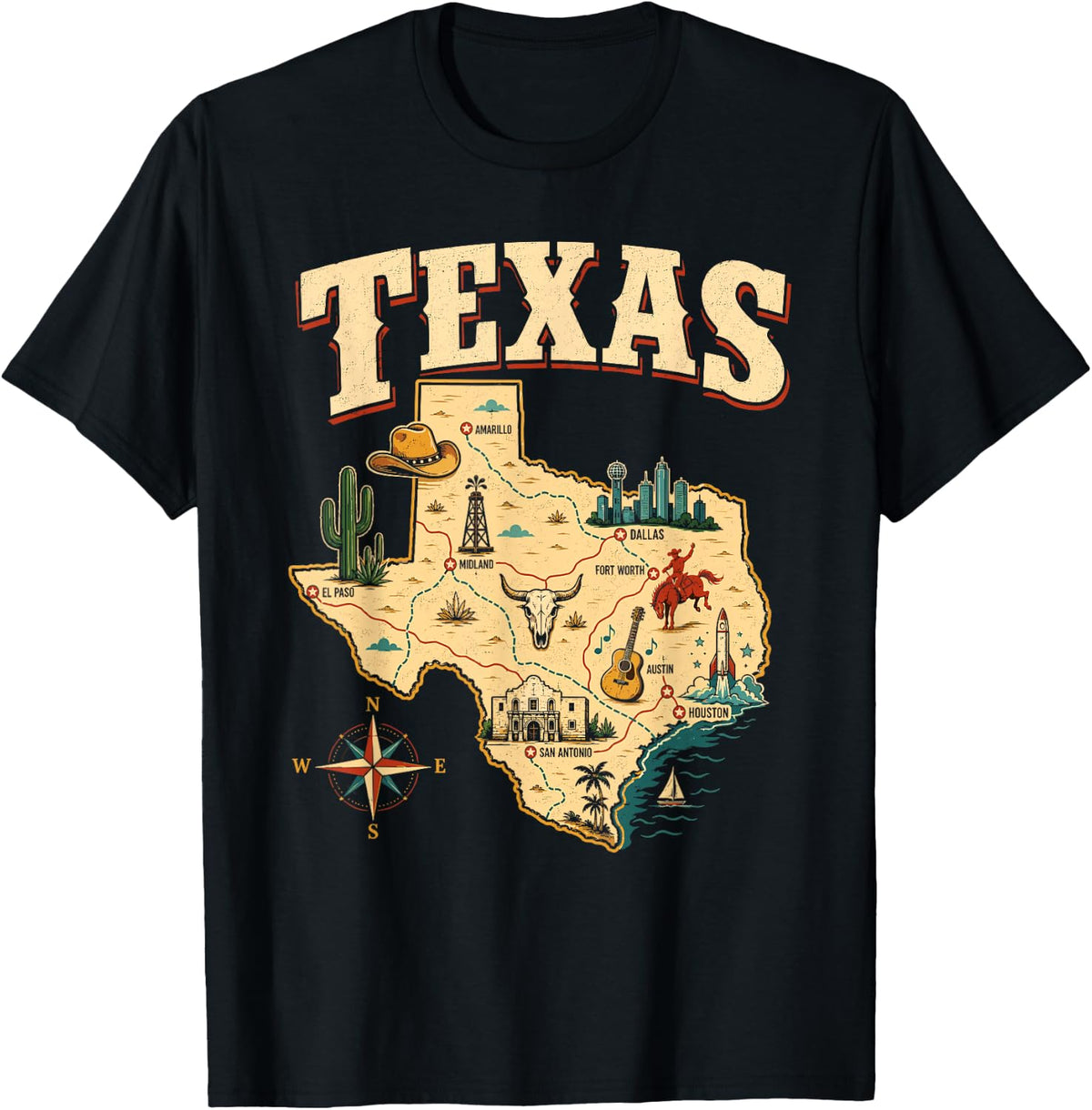 Vintage Texas Map Iconic Landmarks State Pride T-Shirt