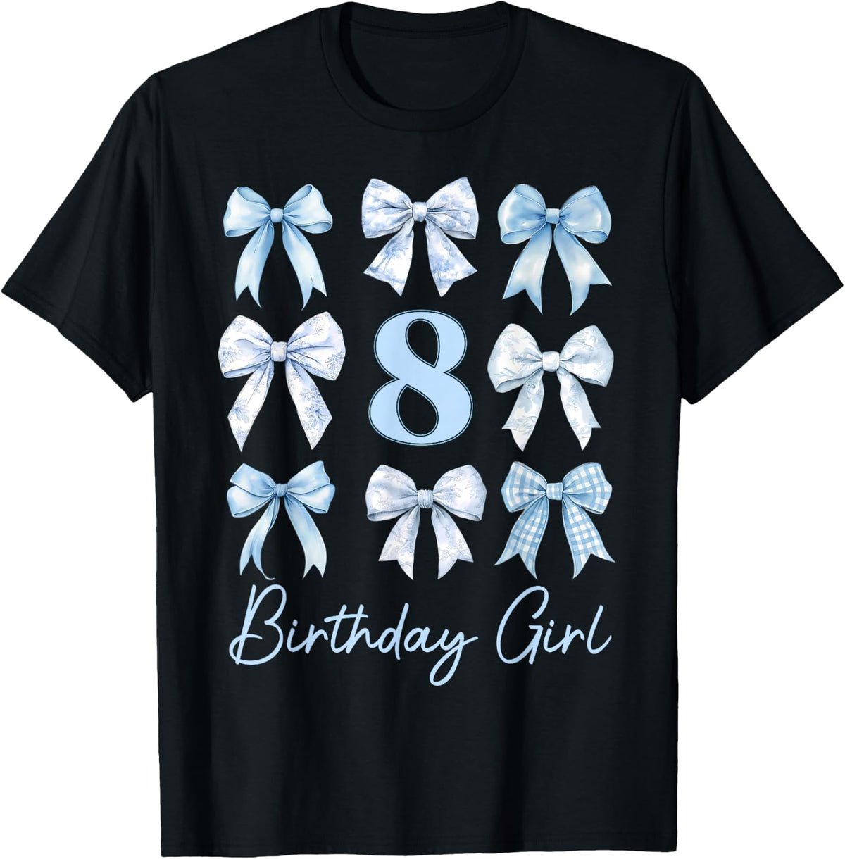 Funny 8th Birthday Girl Blue Coquette Bow 8 Year Old Kids T-Shirt