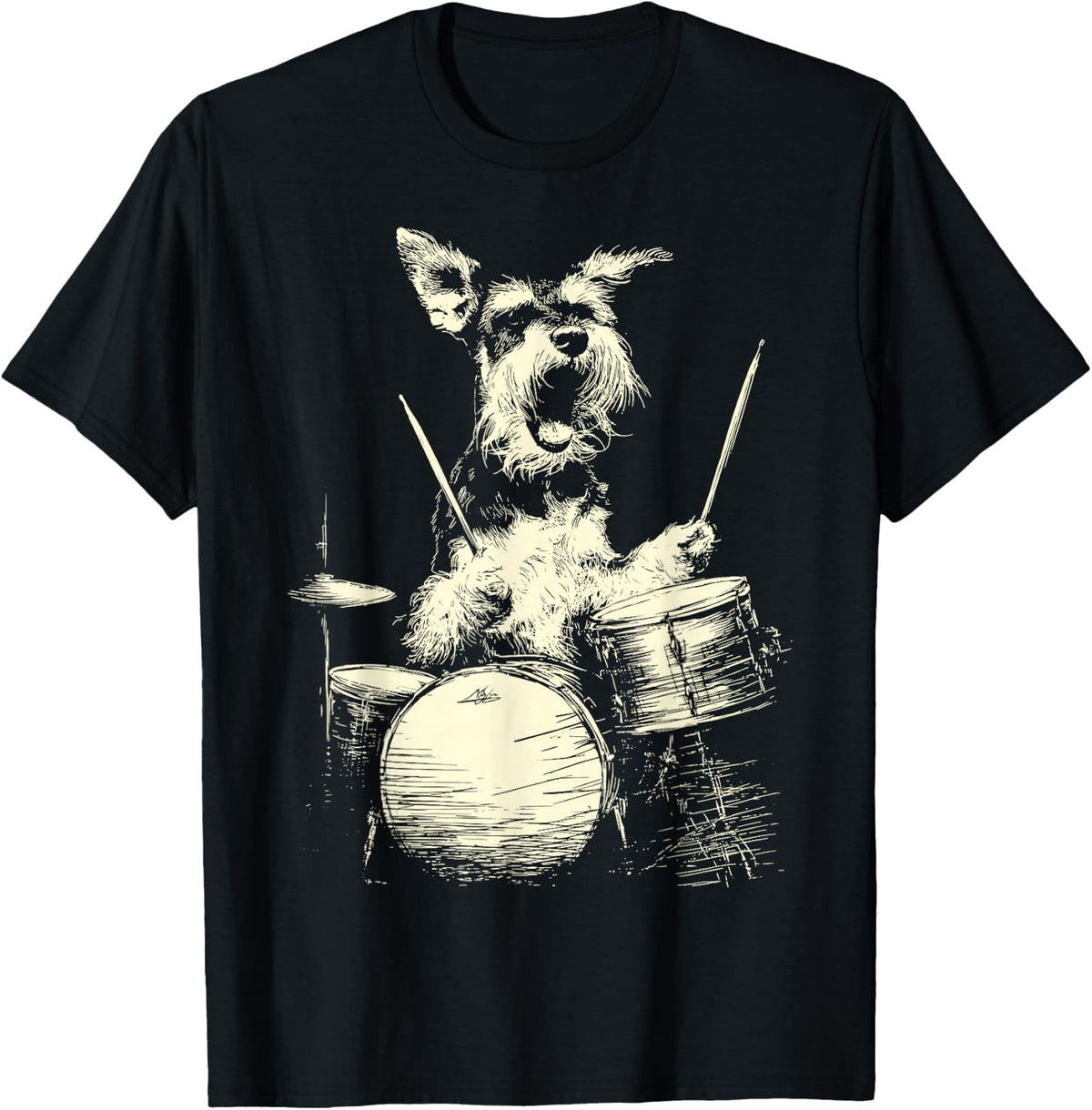 Cute Schnauzer Playing Drums Funny Music Dog Drummer Graphic T-Shirt