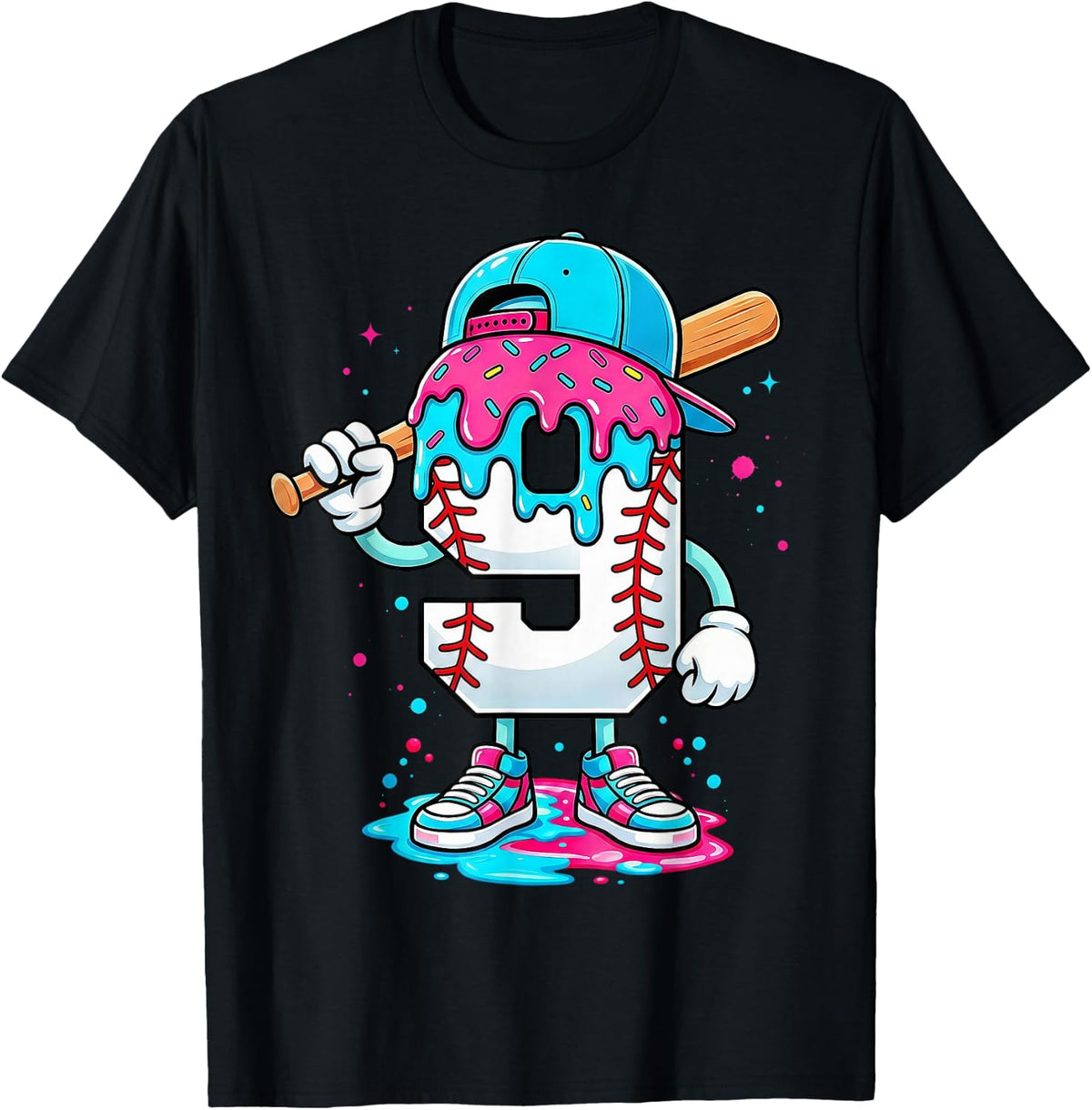 Baseball 9th Birthday Boy 9 Year Old Ice Cream Drip T-Shirt