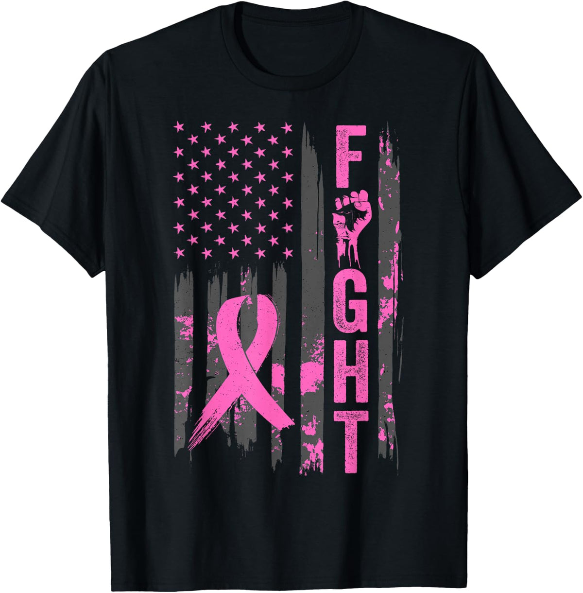 Fight USA Flag Breast Cancer Awareness Patriotic Pink Ribbon T-Shirt
