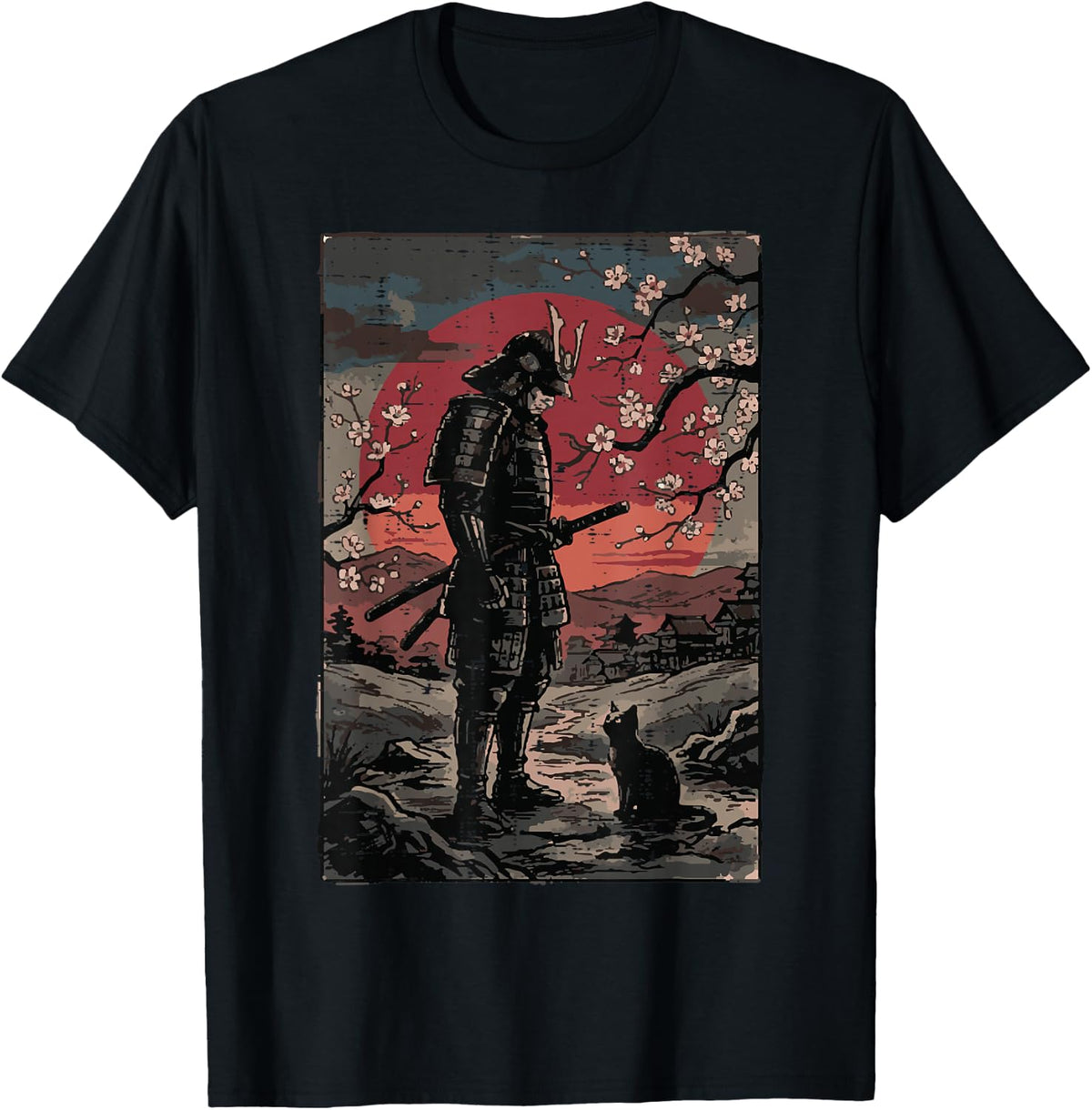 Samurai Looking At Black Cat Japanese Warrior Men Women Kids T-Shirt