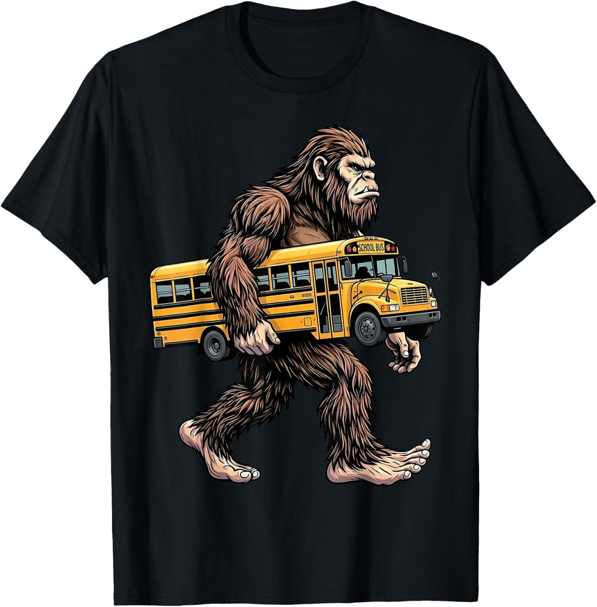 Bigfoot Carrying School Bus Funny Sasquatch Back to School T-Shirt