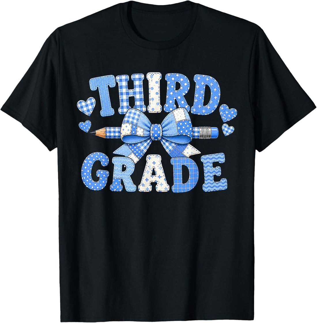 3rd Third Grade Back to School Blue Bow Coquette Patchwork T-Shirt