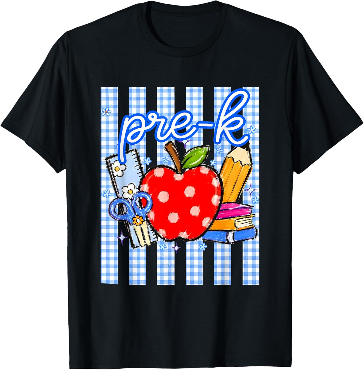 Striped Pre-K Back to School Apple Blue Gingham Pencil Bow T-Shirt