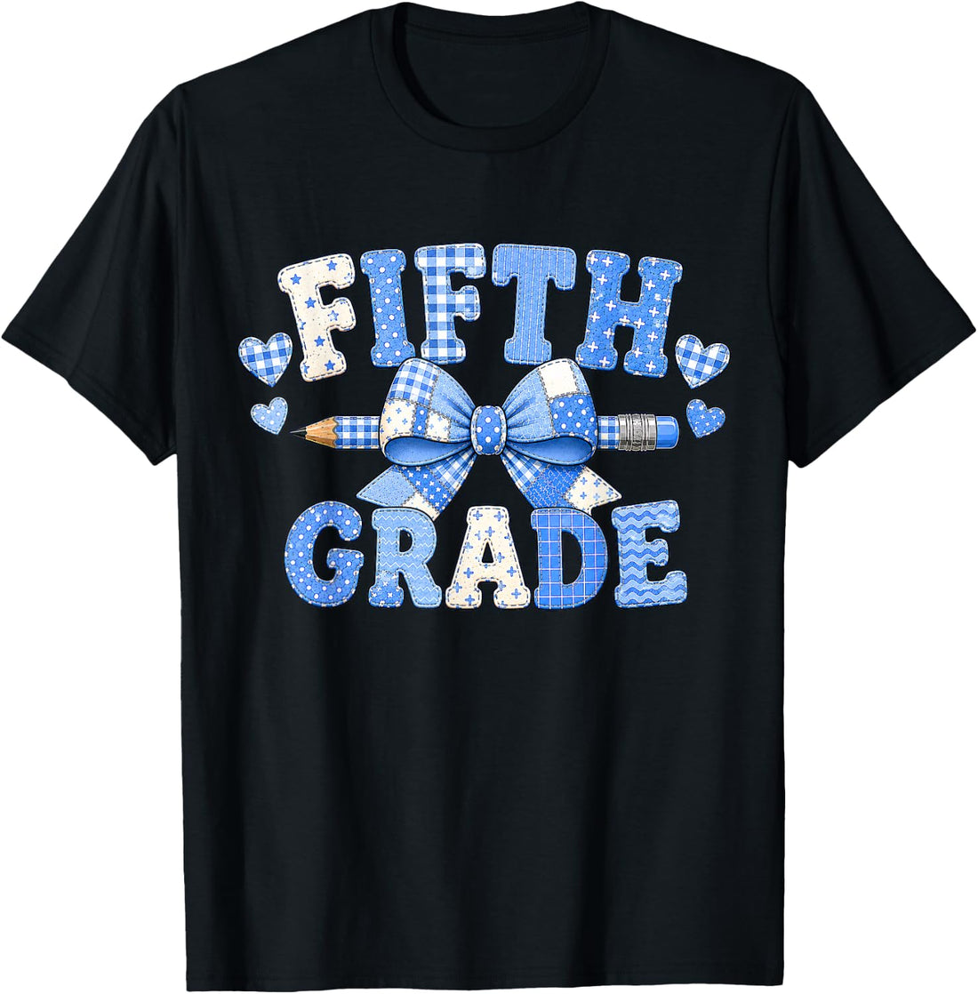 5th Fifth Grade Back to School Blue Bow Coquette Patchwork T-Shirt