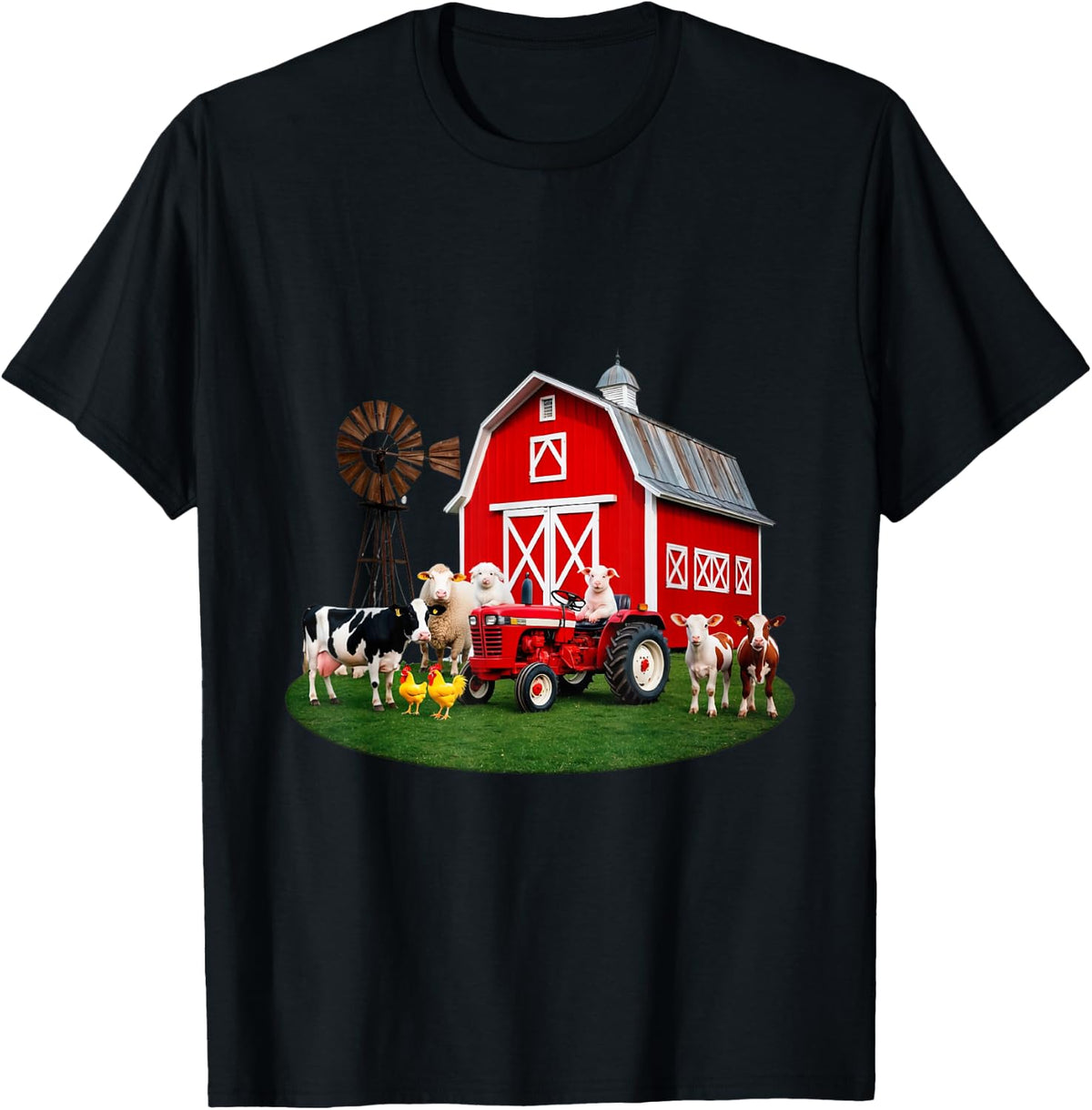 Red Barn Tractor with Farm Animals Country Living T-Shirt
