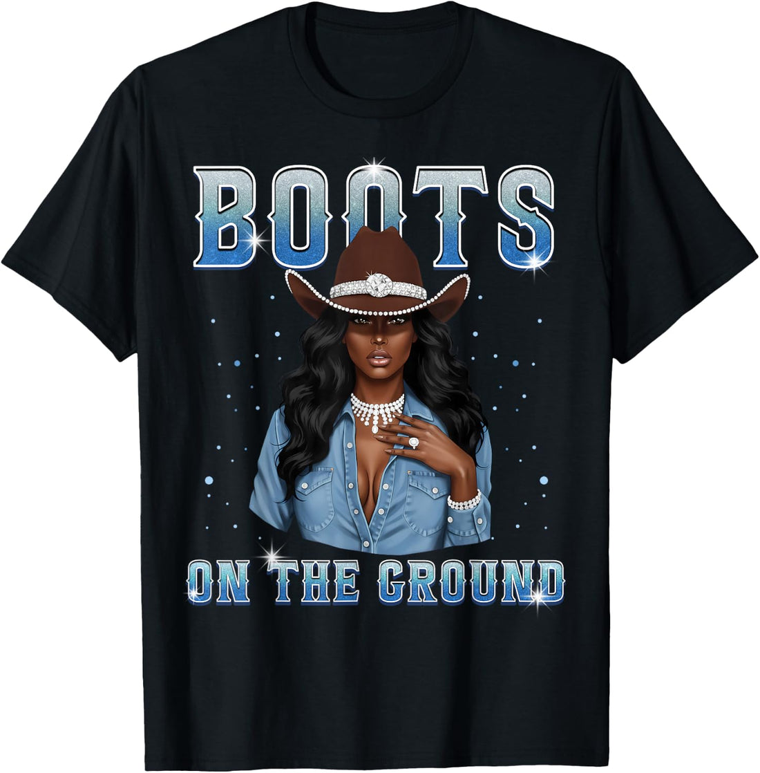 Afro Black Melanin Queen Western Cowgirl Hat Boots On Ground T-Shirt