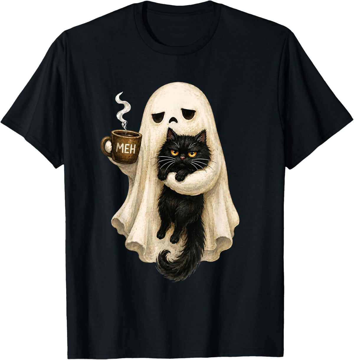 Ghost Cat Spooky Black Cat Funny Halloween Coffee Lover T-Shirt
