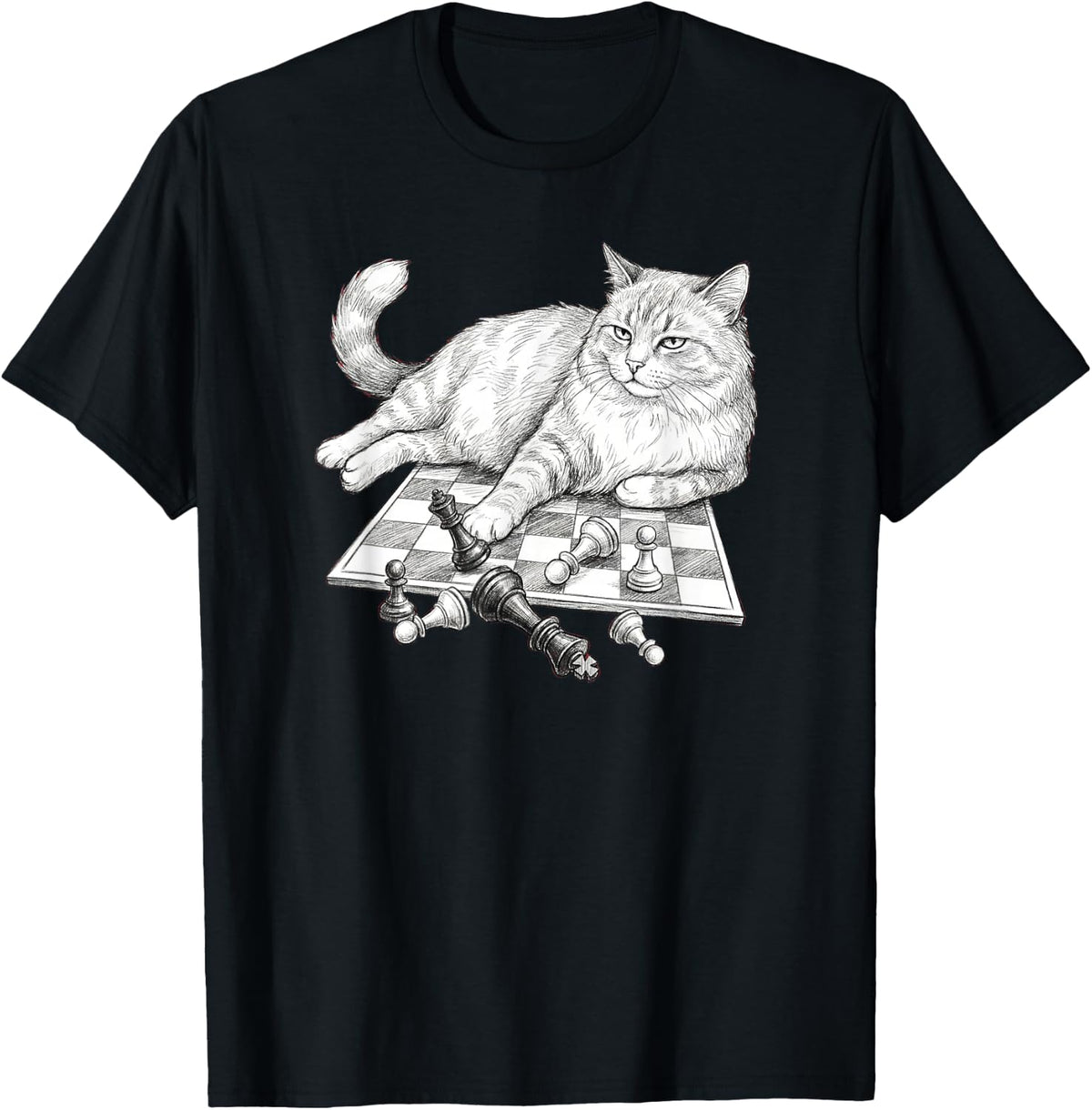 Funny Cat On Chessboard Knocking Over Pieces Chess Player T-Shirt