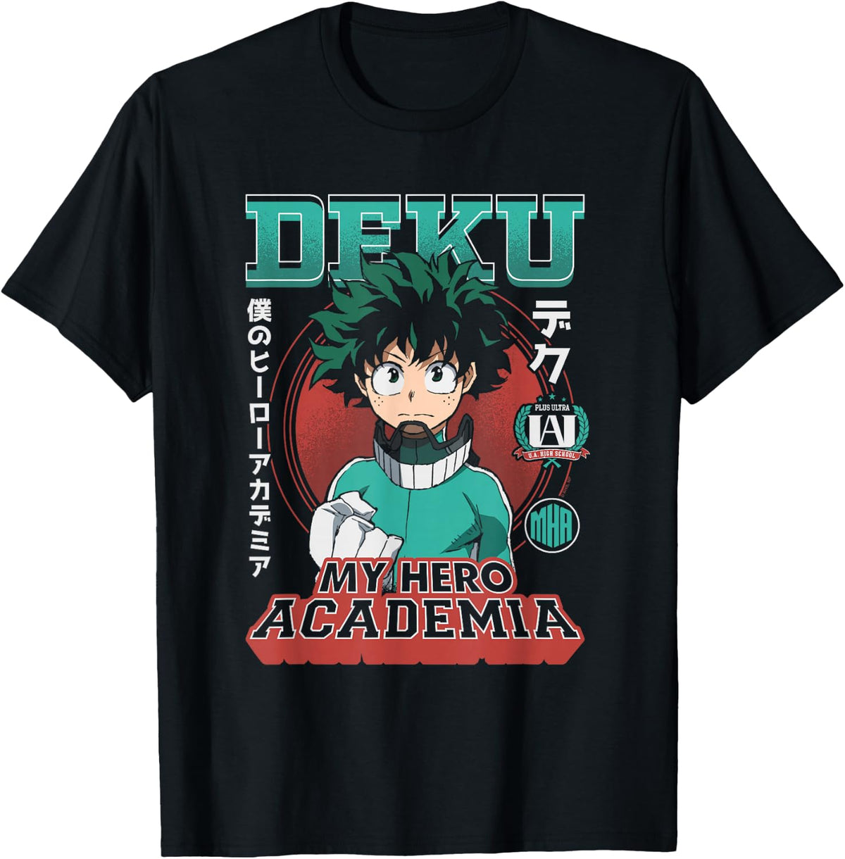 MHA Deku Portrait Collage with Badges and Kanji Anime T-Shirt