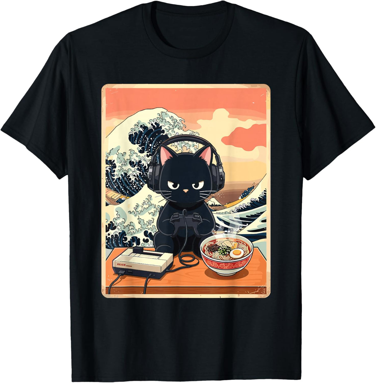 Retro Gamer Cat with Ramen Great Wave for Anime Fans T-Shirt