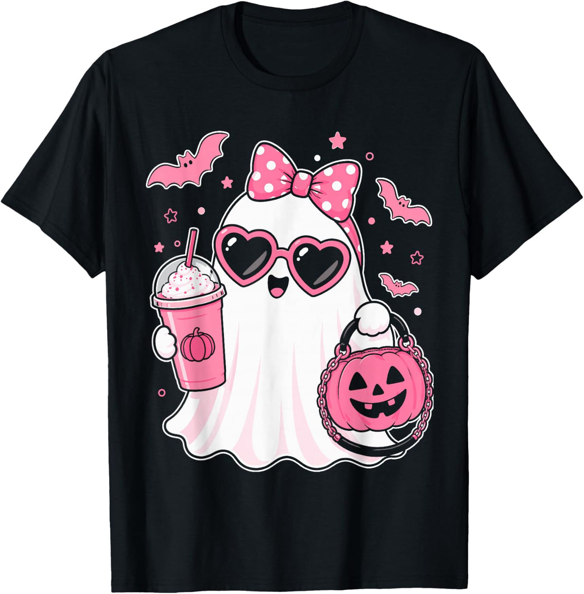 Pink Halloween Ghost Pumpkin Coffee Spooky Women Girls T-Shirt