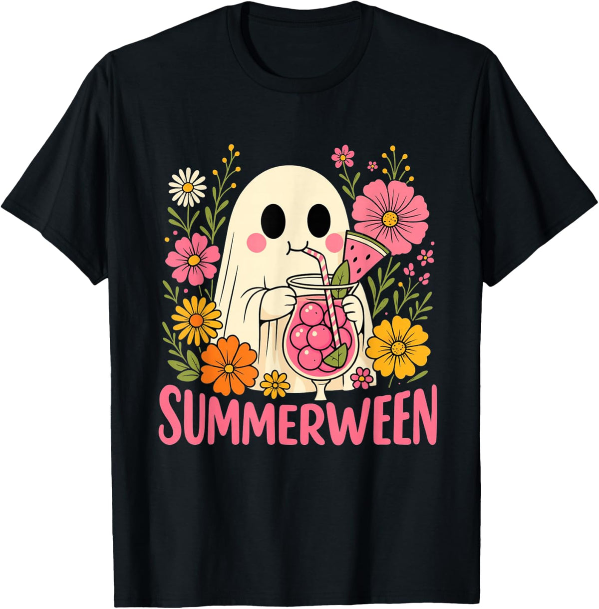 Summerween Funny Ghost Halloween Summer Floral T-Shirt