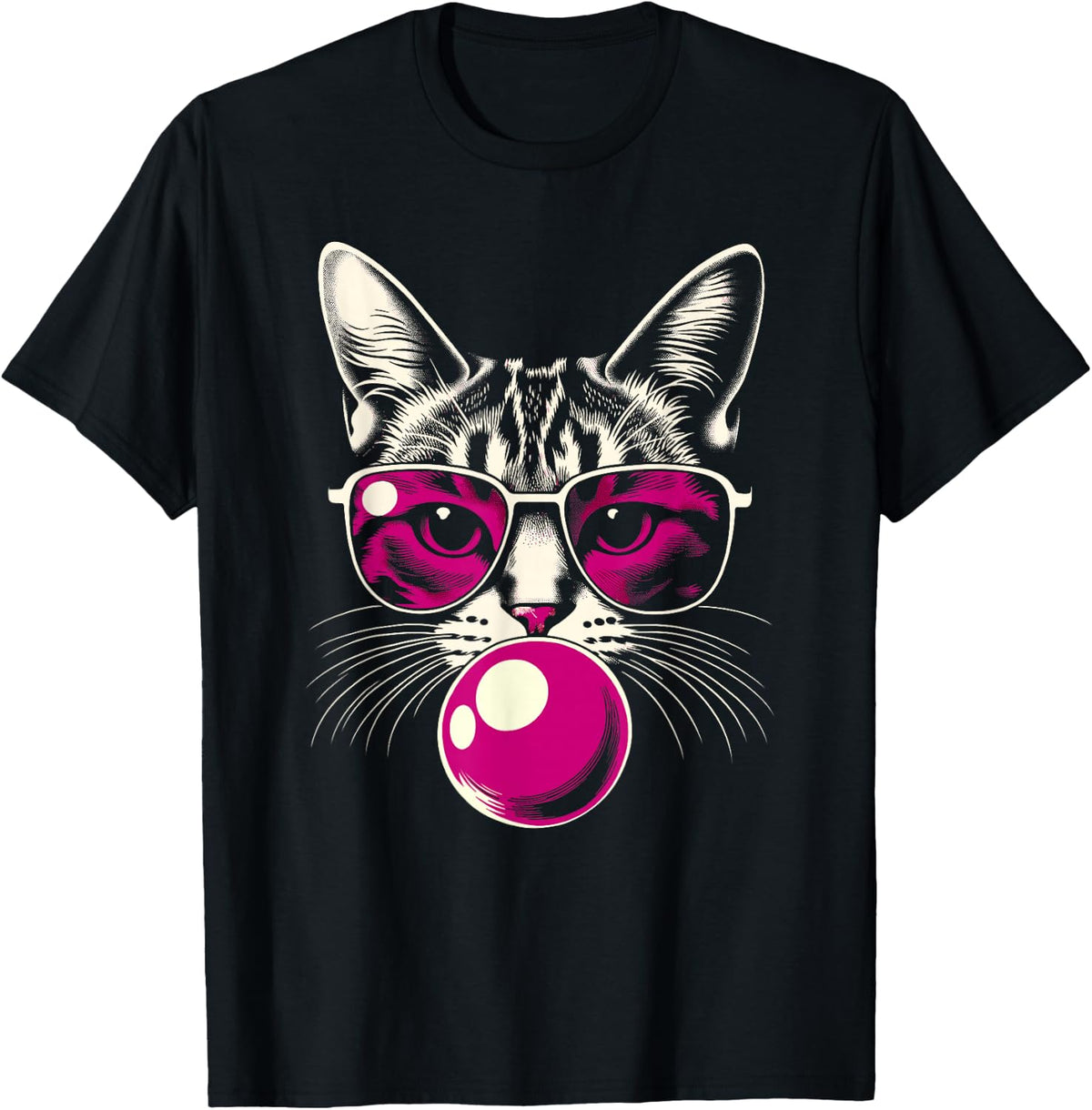 Cat in Pink Glasses Pink Bubble Men Women Kids Funny Cat T-Shirt