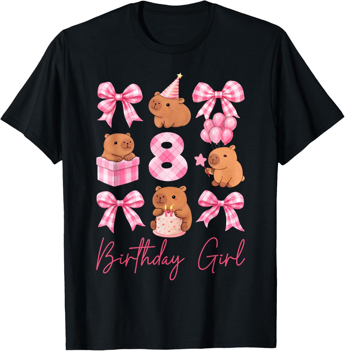 Coquette 8th Birthday Girl Cute Capybara Bow 8 Year Old Bday T-Shirt