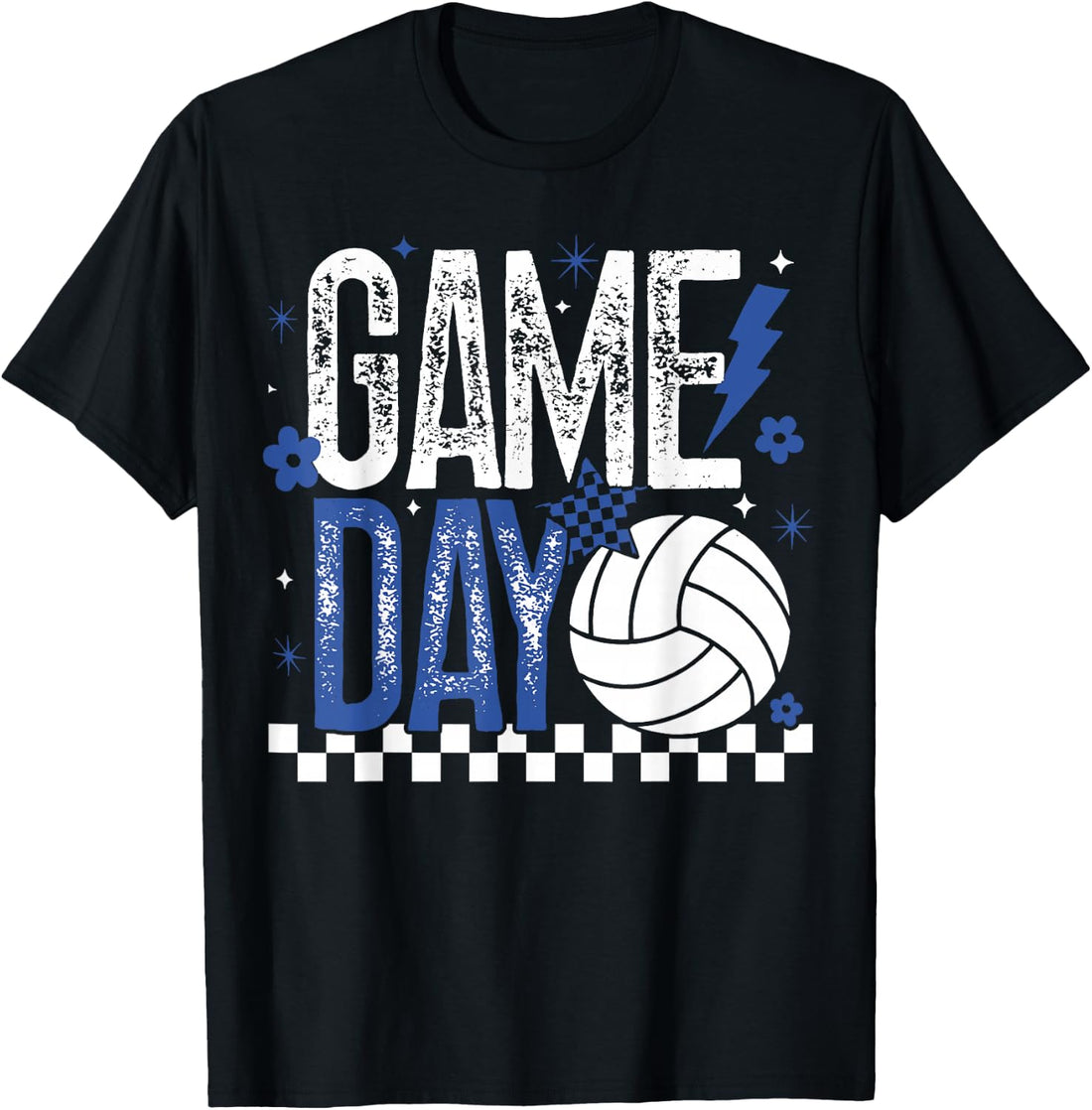 Volleyball Game Day Girls Checkered Mom Blue & White T-Shirt