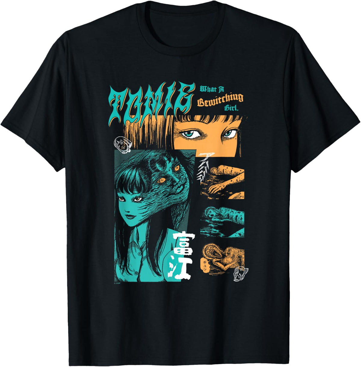 Junji Ito Tomie Orange and Aqua Zine Collage Horror Manga T-Shirt