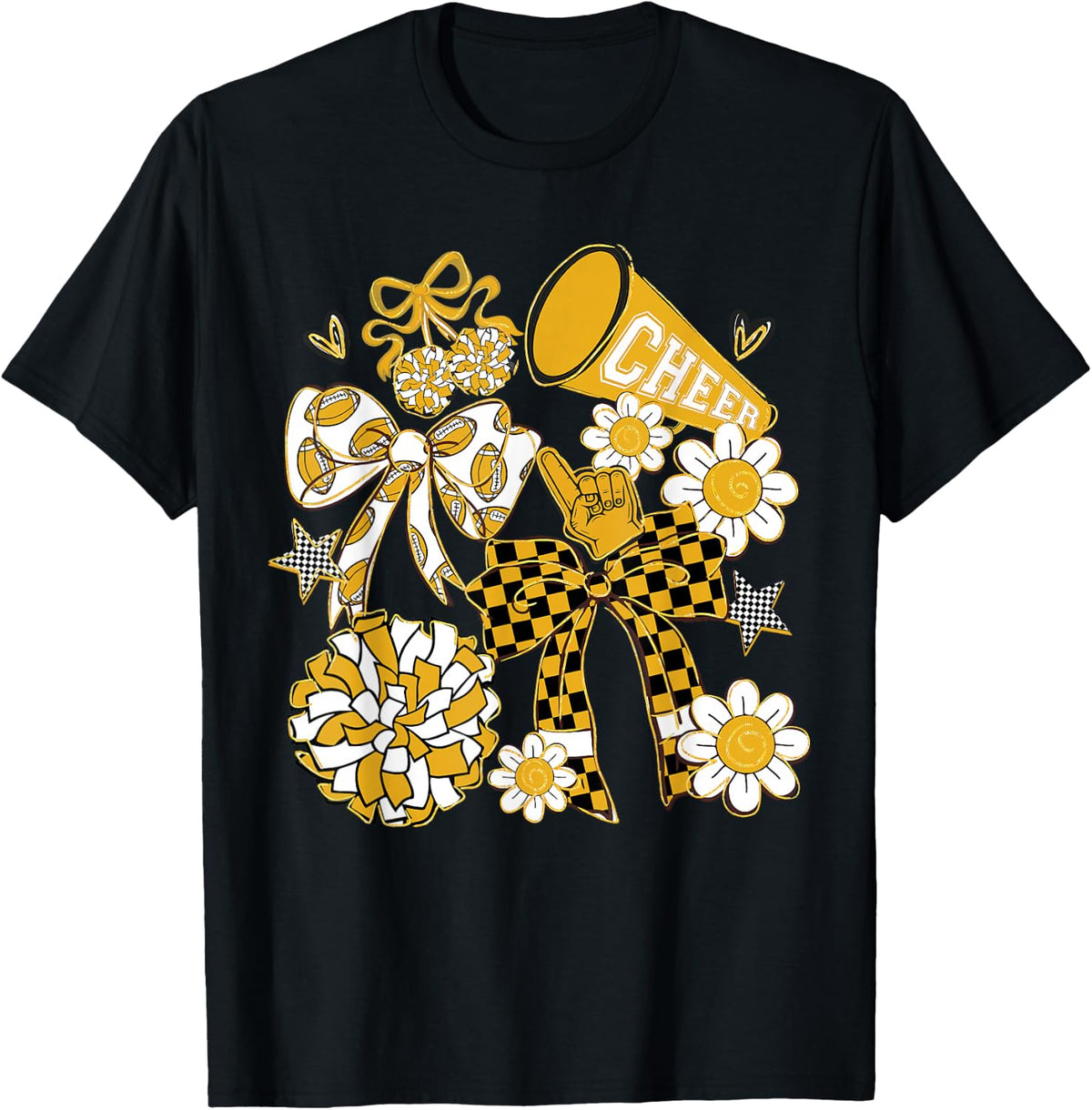 Coquette Bow Football Gold Black Game Cheer Mom Touchdown T-Shirt