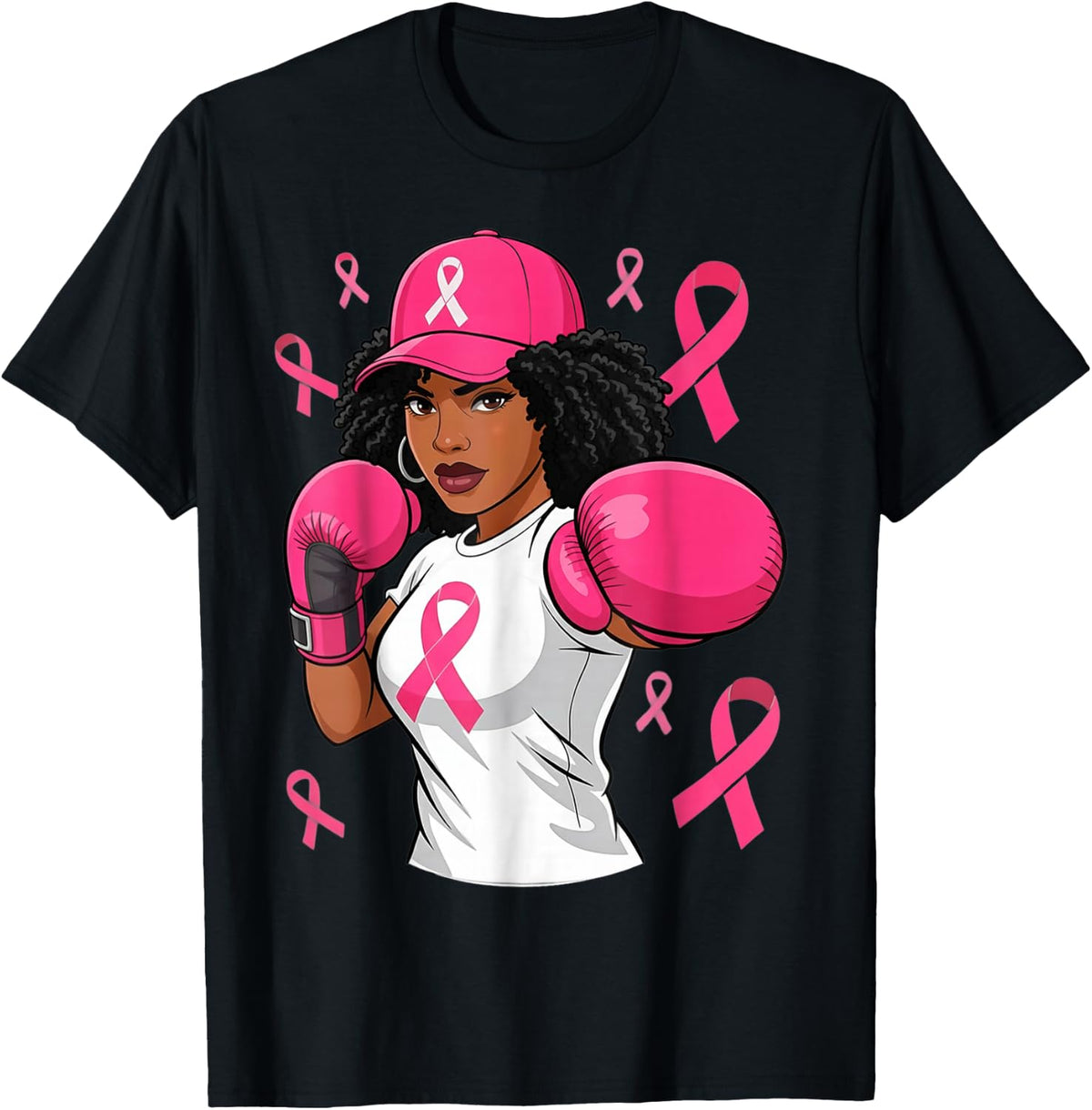 Women Black African American Breast Cancer Afro Pink Ribbon T-Shirt