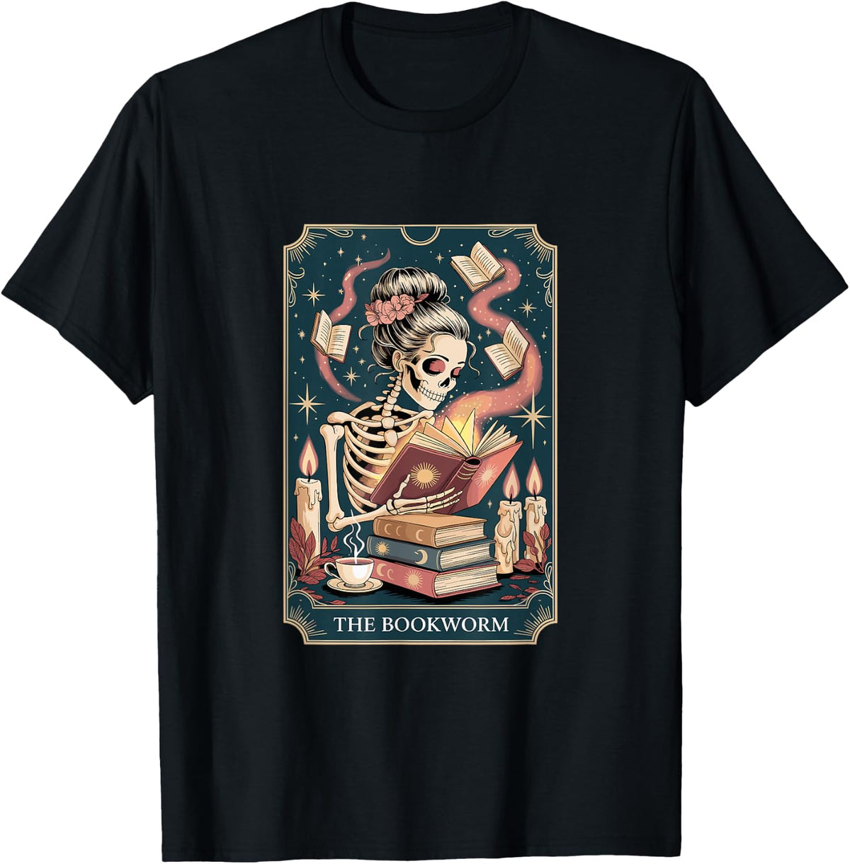 The Bookworm Skeleton Reading Tarot Gothic Dark Academia T-Shirt