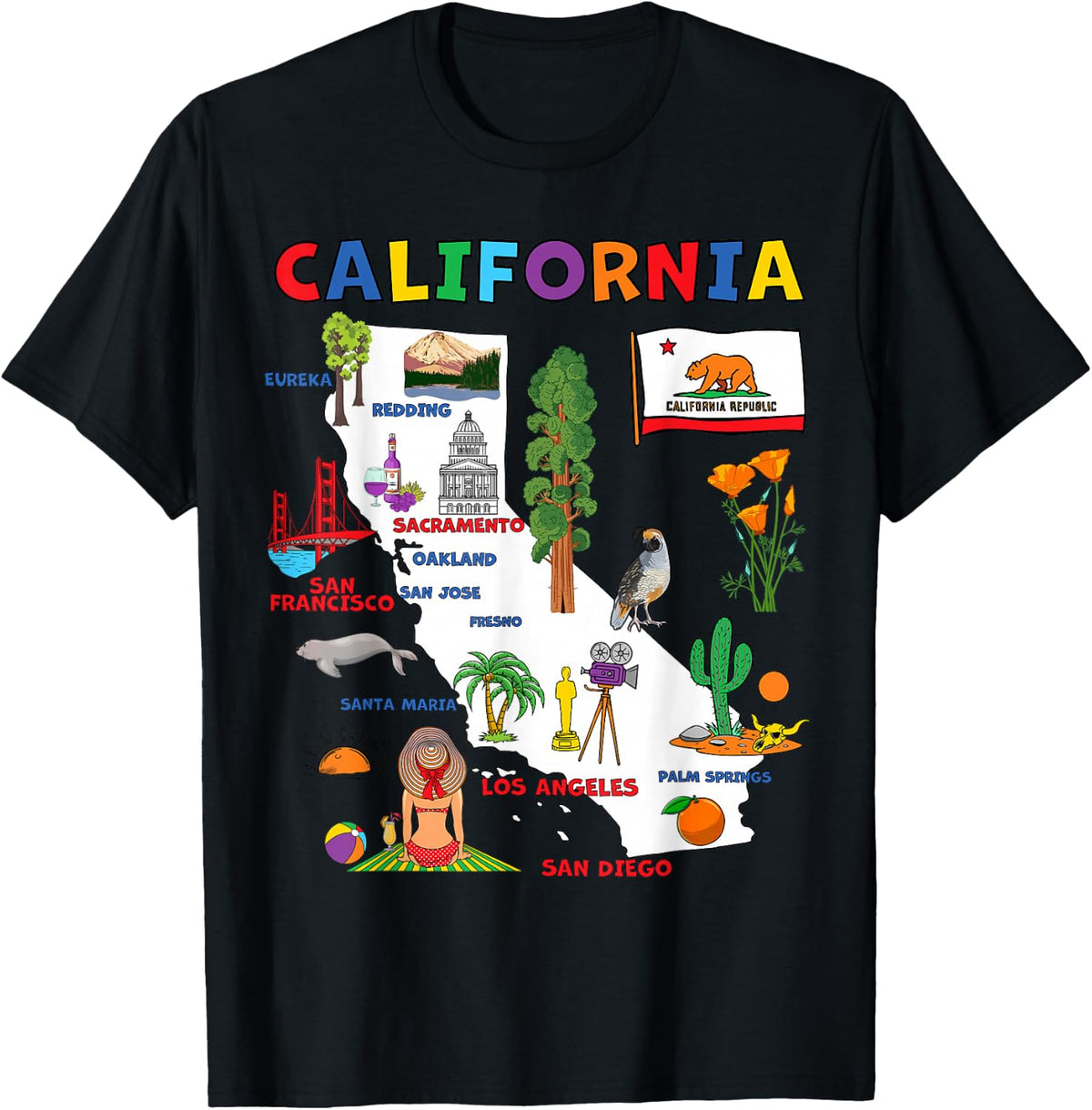 Map of California with Flag, Landmarks and Major Cities T-Shirt