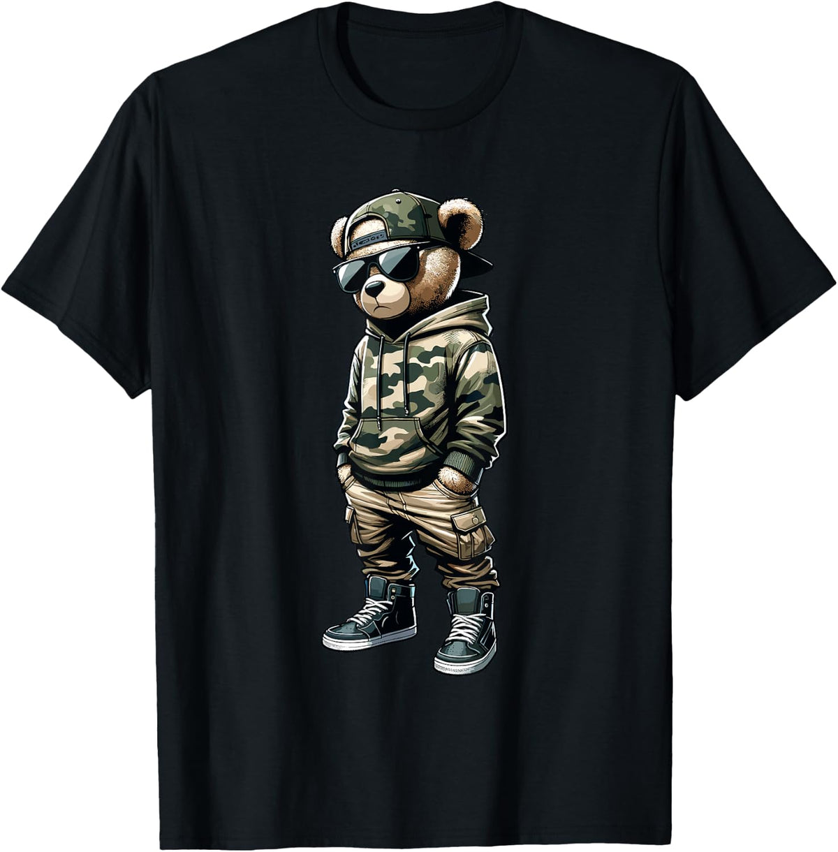 Camo Hip Hop Teddy Bear Cool Rapper Streetwear Graphic T-Shirt