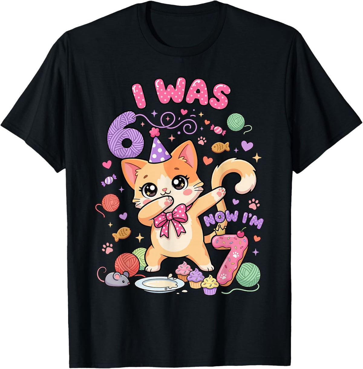 I was 6 Now I'm 7 Cat Kitten Birthday T Shirts for Girls Tees 7th Birthday Gift