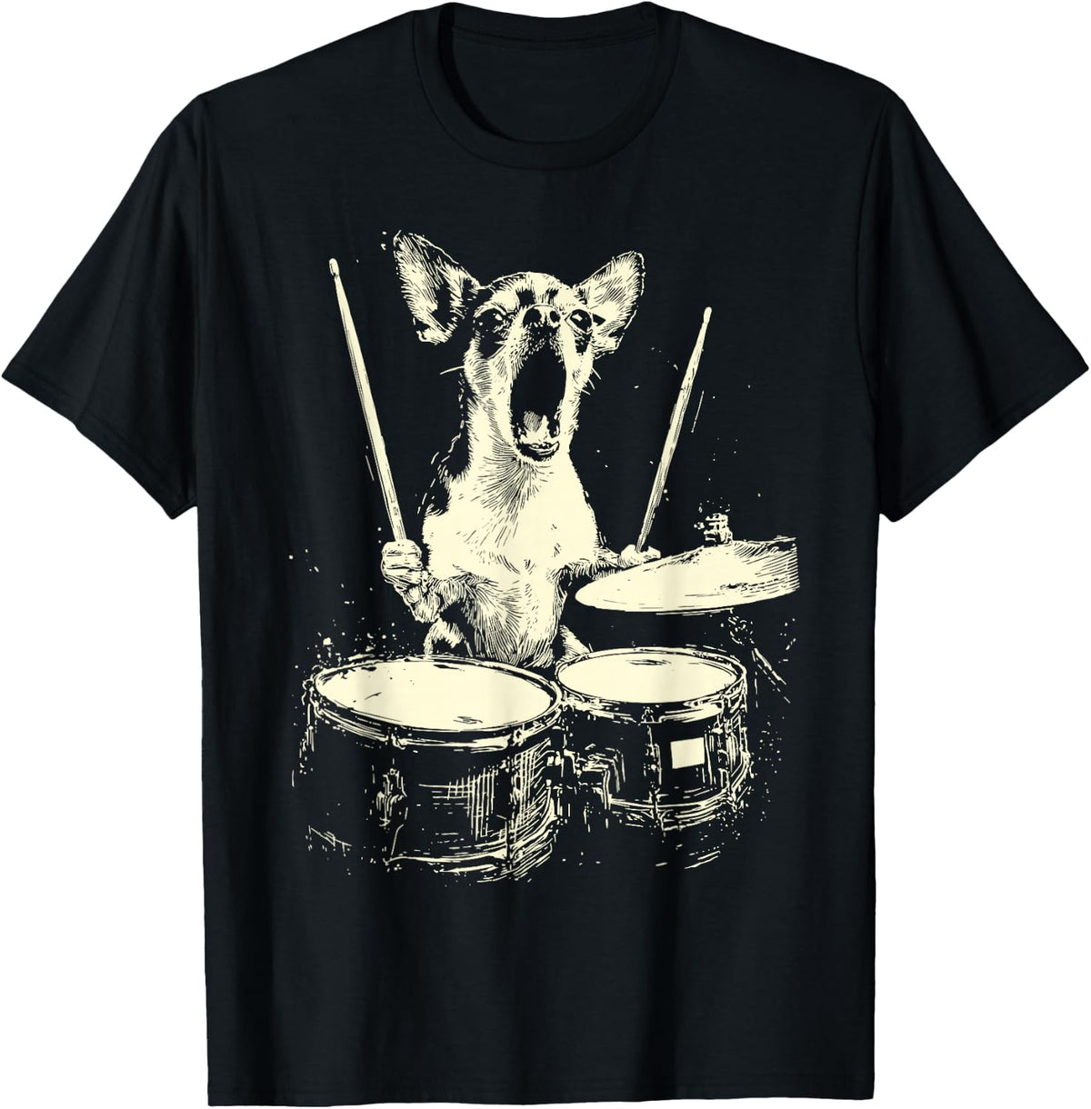 Cute Chihuahua Playing Drums Funny Music Dog Drummer Graphic T-Shirt