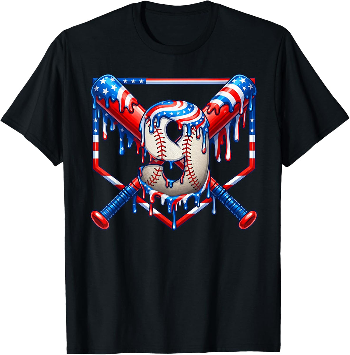 Kids 9th Birthday Baseball drip USA Flag Boy Nine 9 Year Old T-Shirt