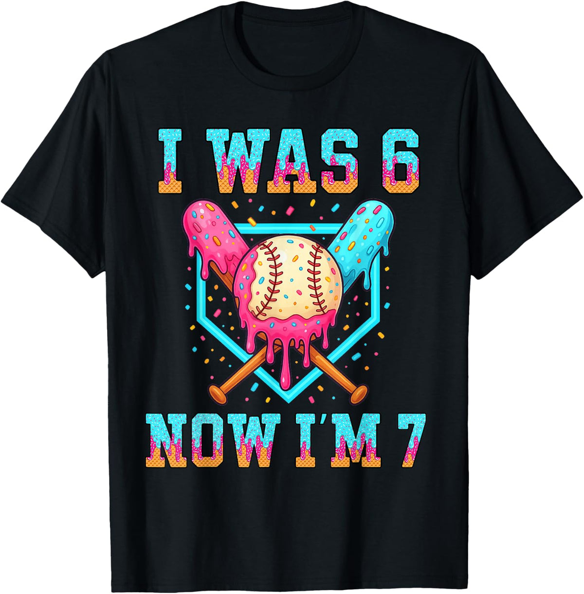 I was 6 Now I'm 7 7th Birthday Boys Ice Cream Drip Baseball T-Shirt