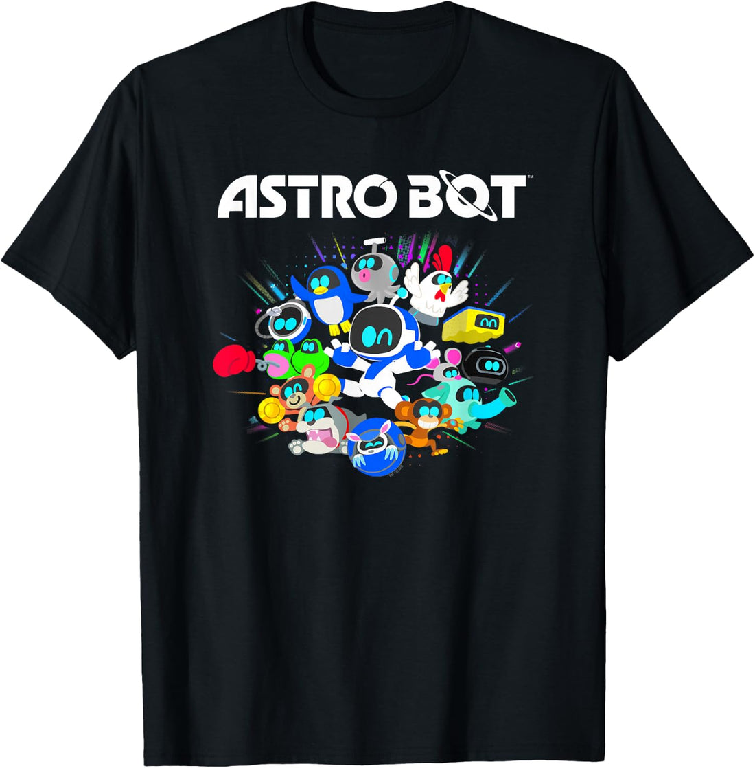 Astro Bot and Friends Character Burst Colorful Video Game T-Shirt
