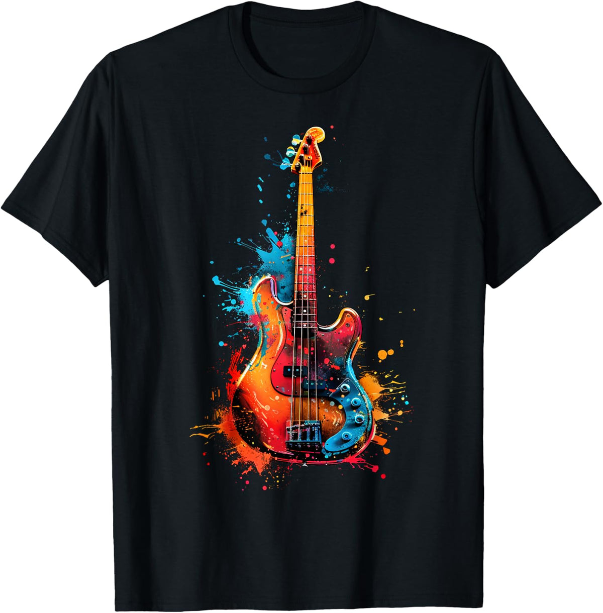Bass Guitar Instrument on Colorful Painted Bass Guitar T-Shirt