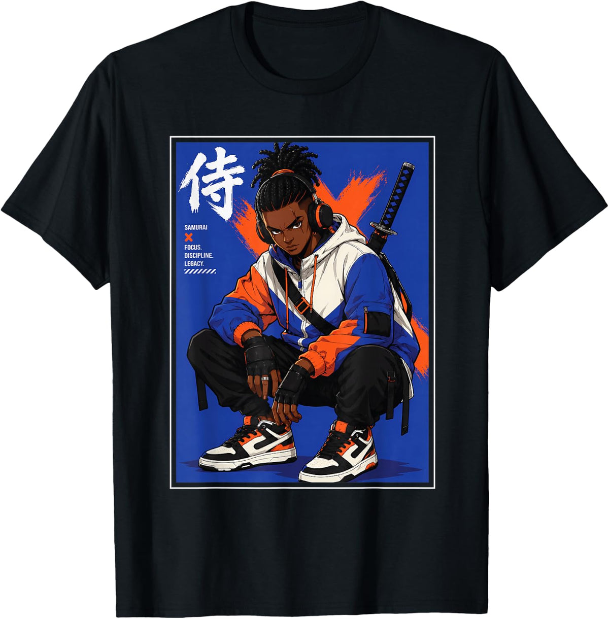 Black Anime Samurai Streetwear Afro Warrior T-Shirt