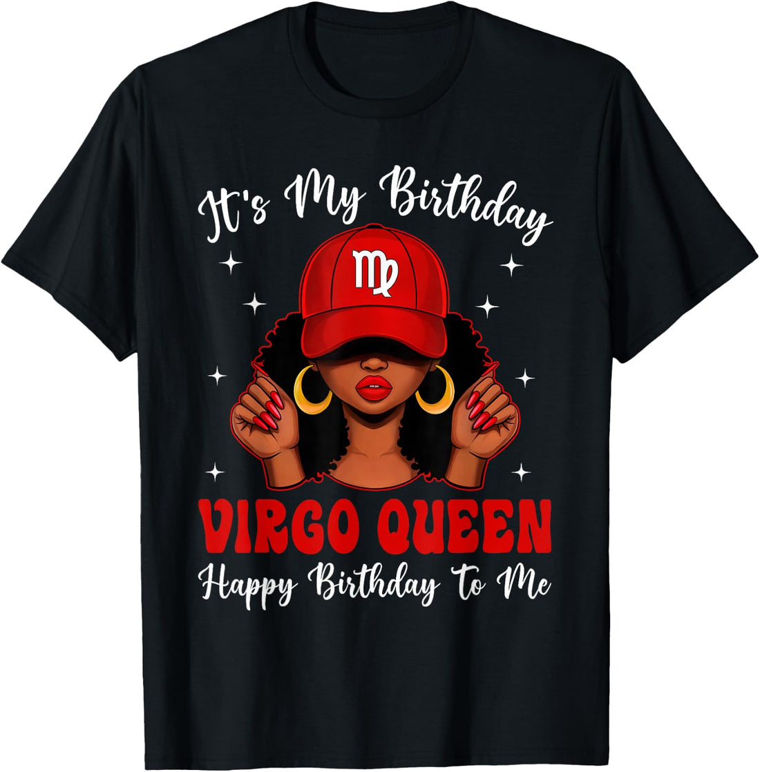 Virgo Queen Afro Women Red Cap Black Girl Birthday T-Shirt