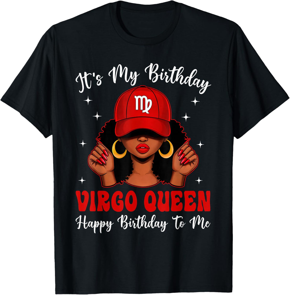 Virgo Queen Afro Women Red Cap Black Girl Birthday T-Shirt