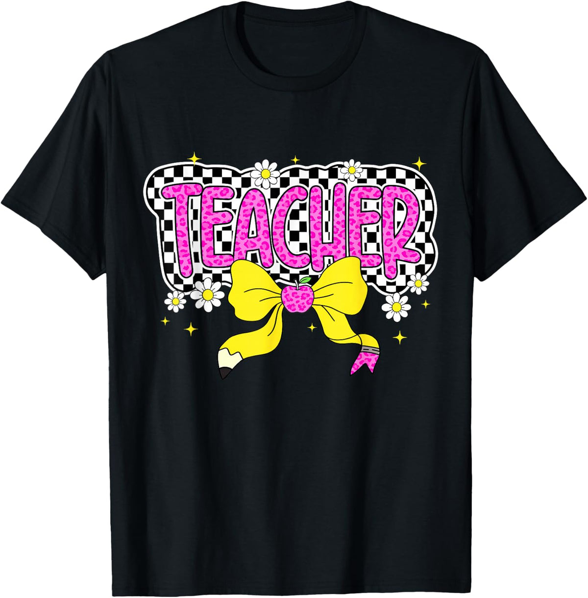 Retro Checkered Pink Bow Teacher Back To School T-Shirt