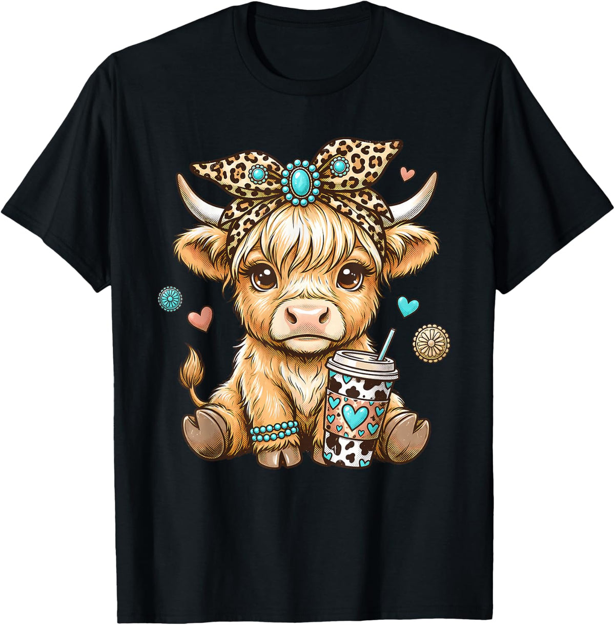 Cute Highland Cow Drink Coffee Leopard Bow Western Cowgirl T-Shirt