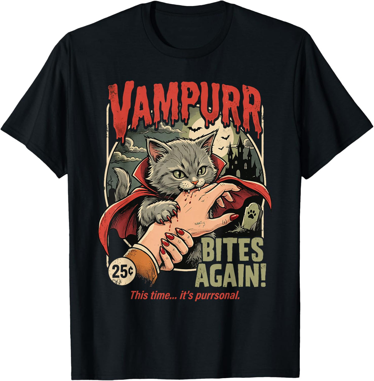 Vampurr Bites Again! Funny Cat Halloween Vintage Graphic T-Shirt
