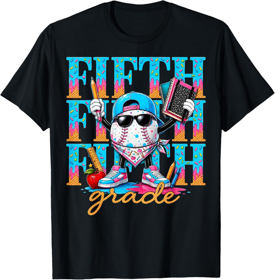 5th Grade Back to School Boy Teacher Baseball Drip Ice Cream T-Shirt