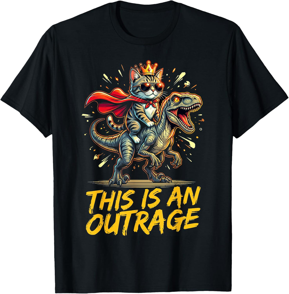 Cat Riding Dinosaur This is an Outrage Funny T-Shirt