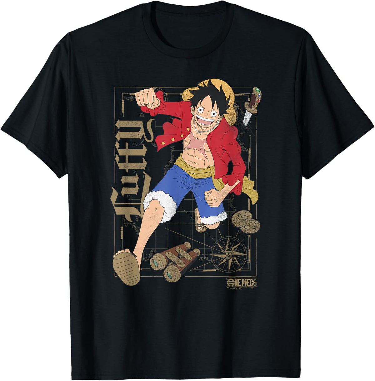 One Piece Anime Luffy Action Pose with Map and Pirate Icons T-Shirt