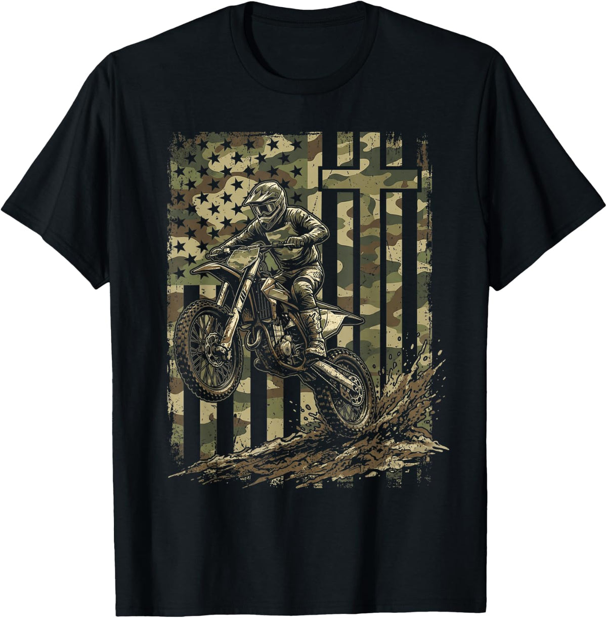 Patriotic Dirt Bike Camo American Flag Christian Motocross T-Shirt
