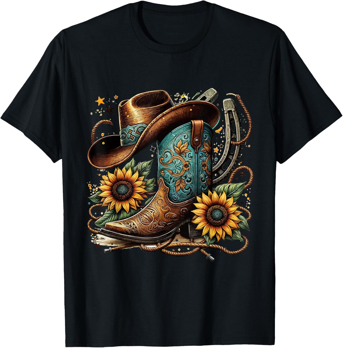 Western Cowboy Boot Horseshoe Sunflower Rope Cowgirl Boot T-Shirt, Small, Black