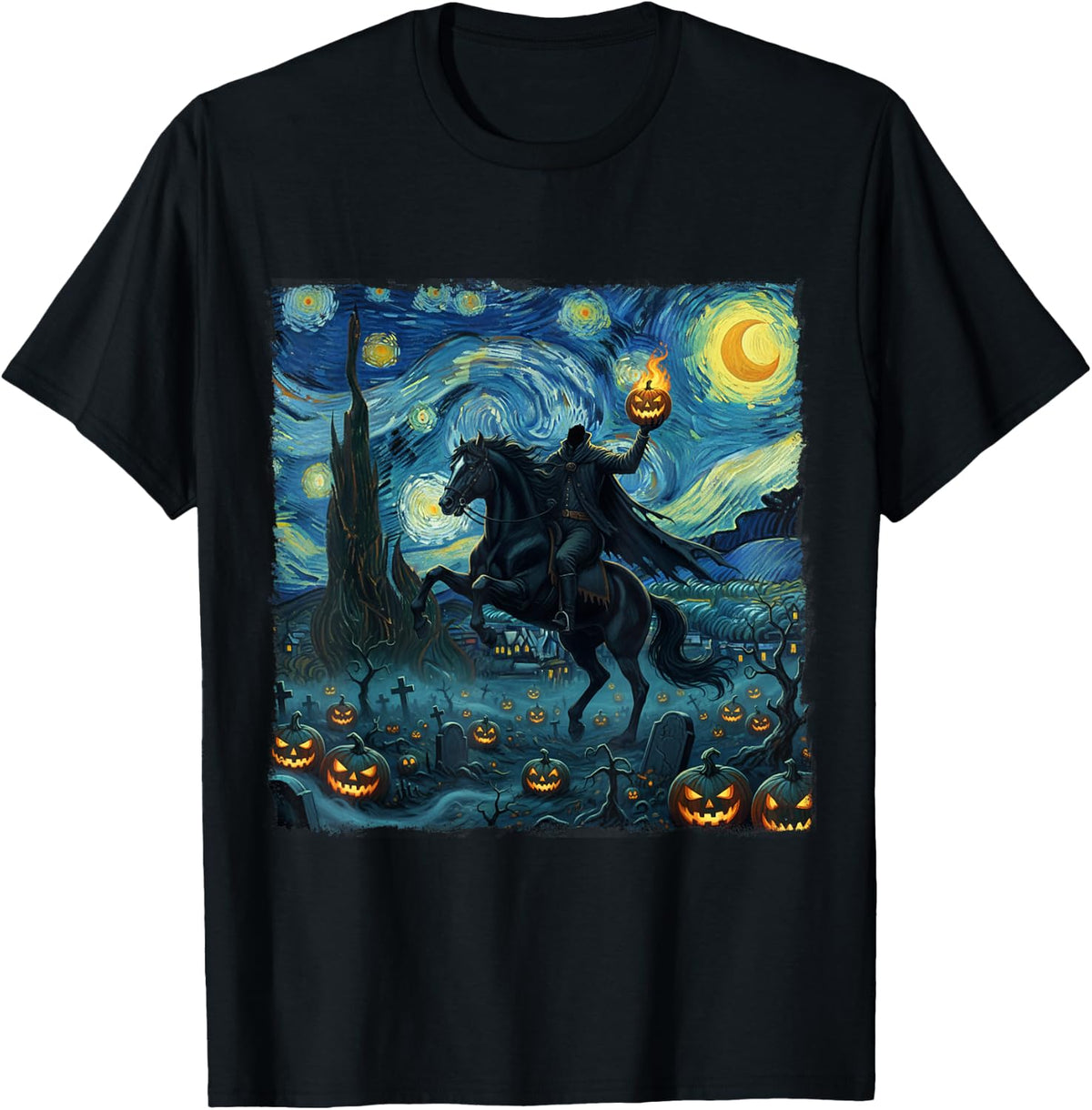 Scary Pumpkin Headless Horseman Halloween Starry Night T-Shirt